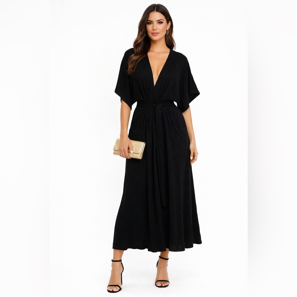 Reformation Black Tie Waist Maxi Dress Deep V-Neck Ribbed Knit Size Small
